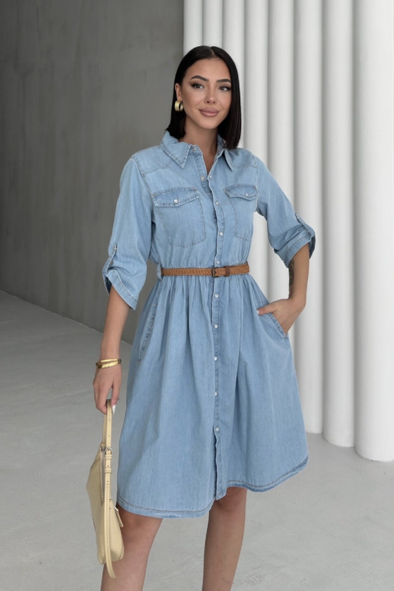 Büzgü Detaylı Kısa Kot Elbise 3040