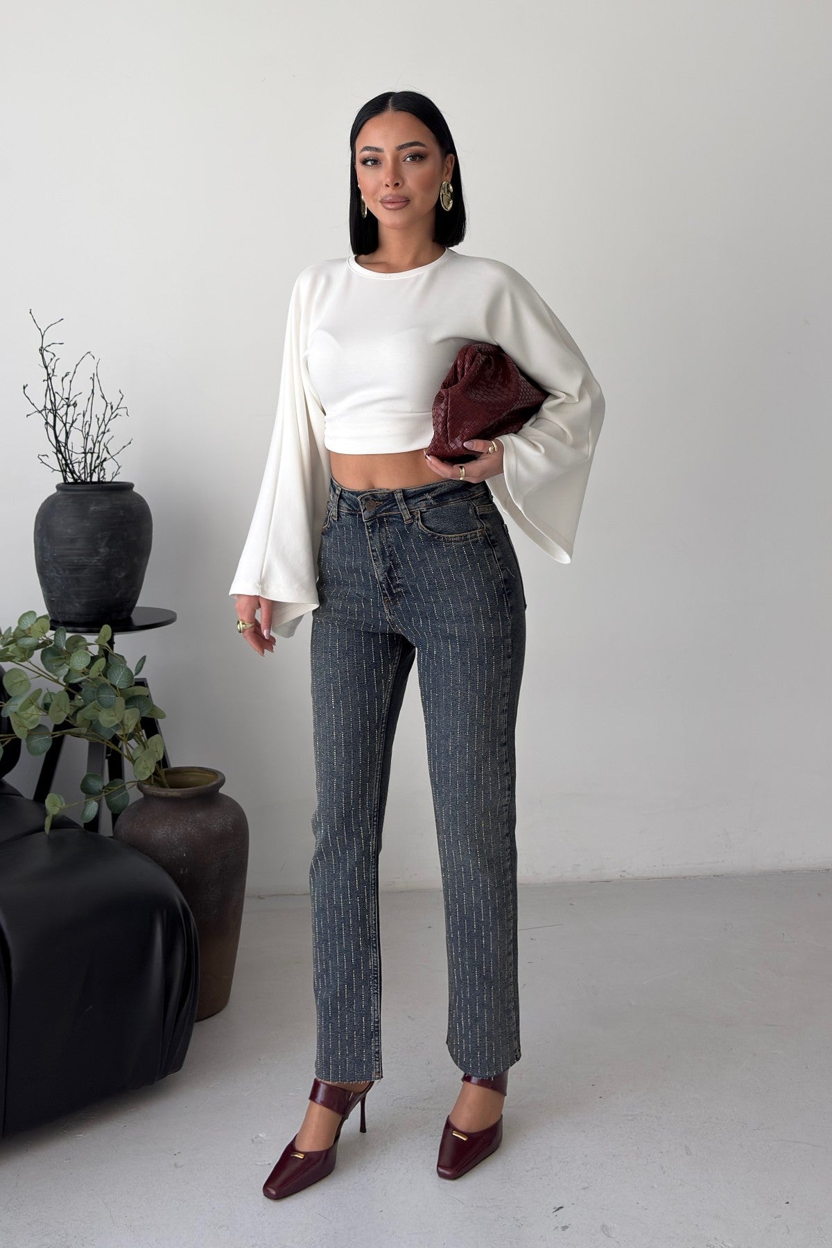 Taşlı Mom Fit Kot Pantolon 7218