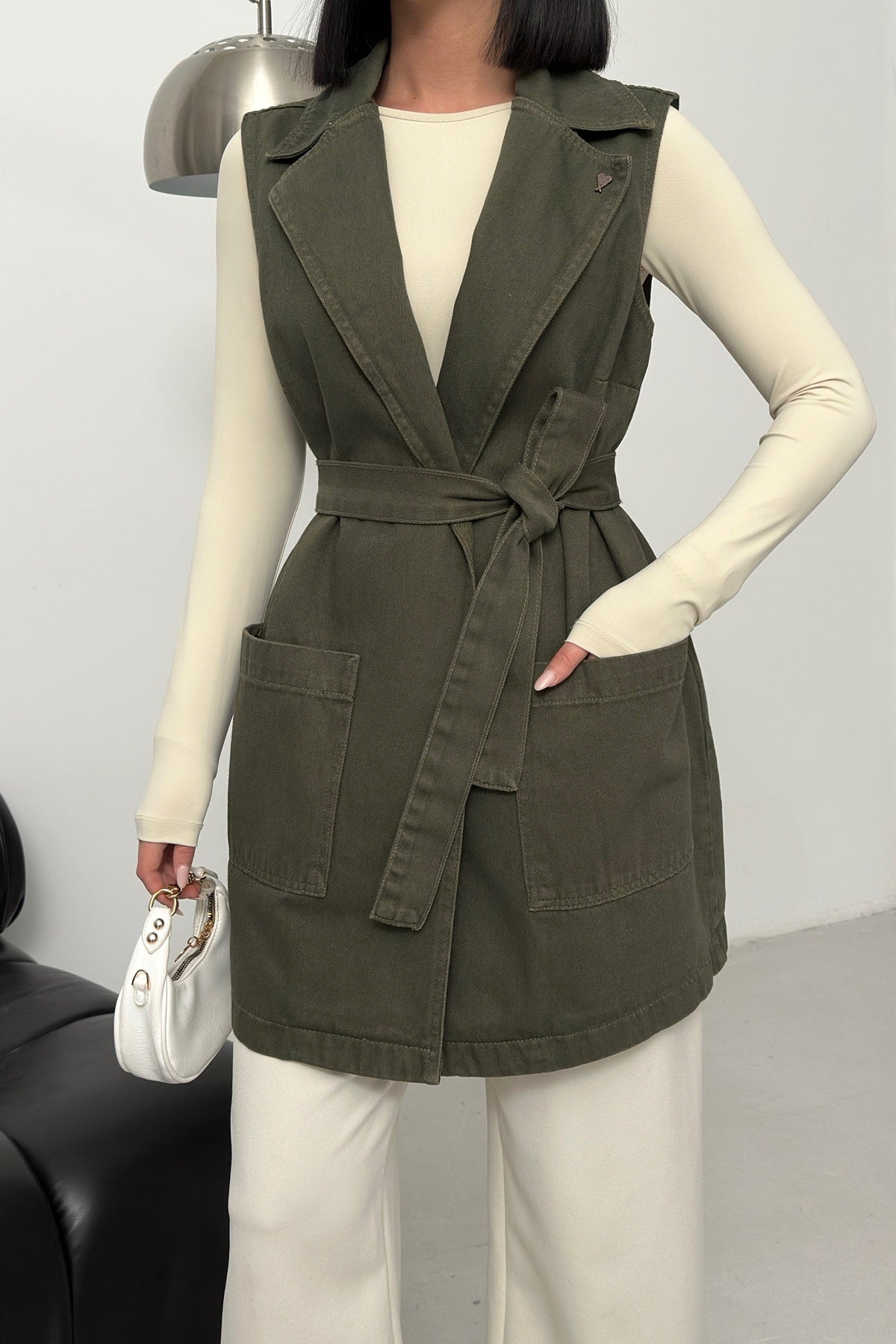 Kuşaklı Kruvaze Yaka Yelek 6137