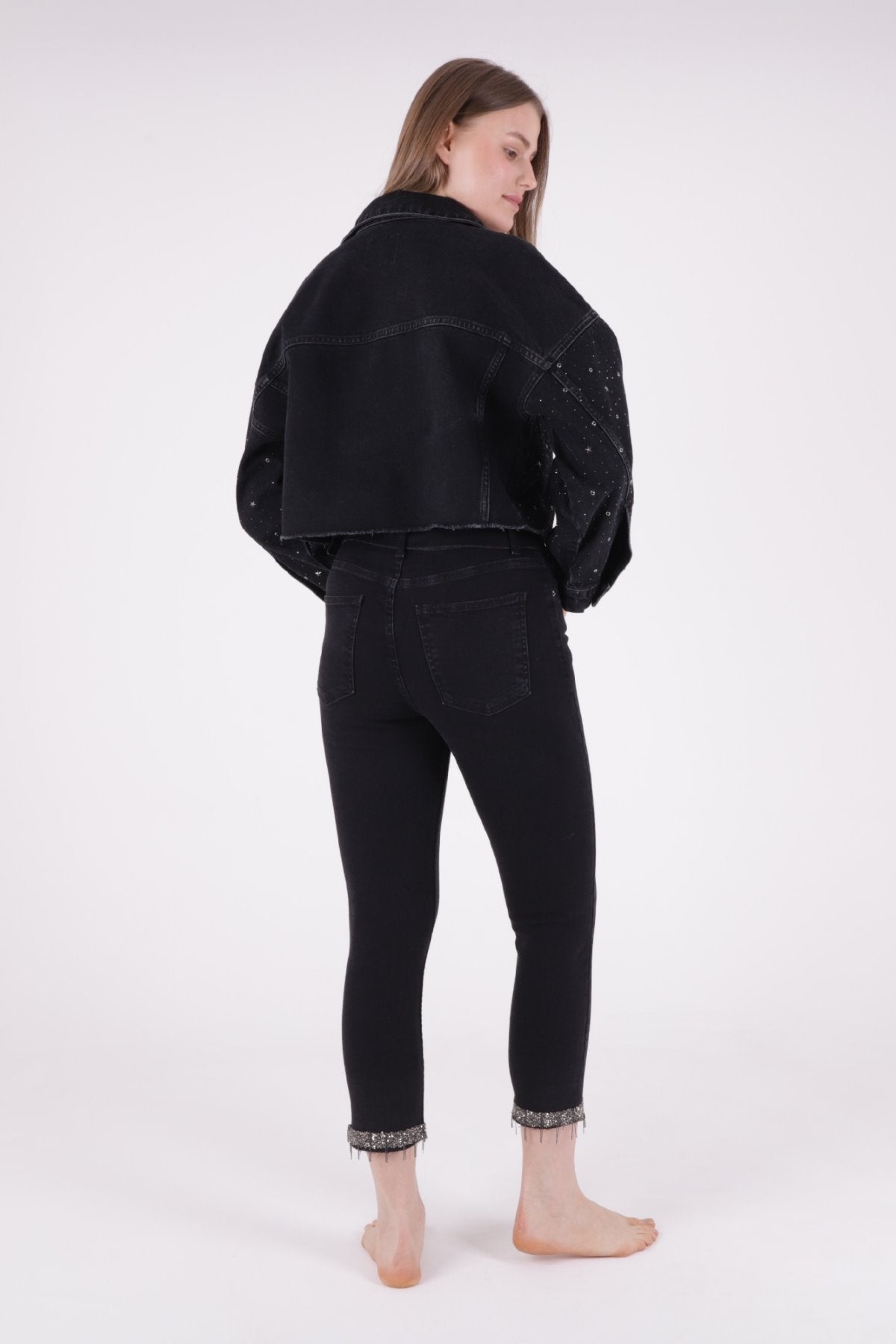 Taşlı Kısa Oversize Kot Ceket 6005