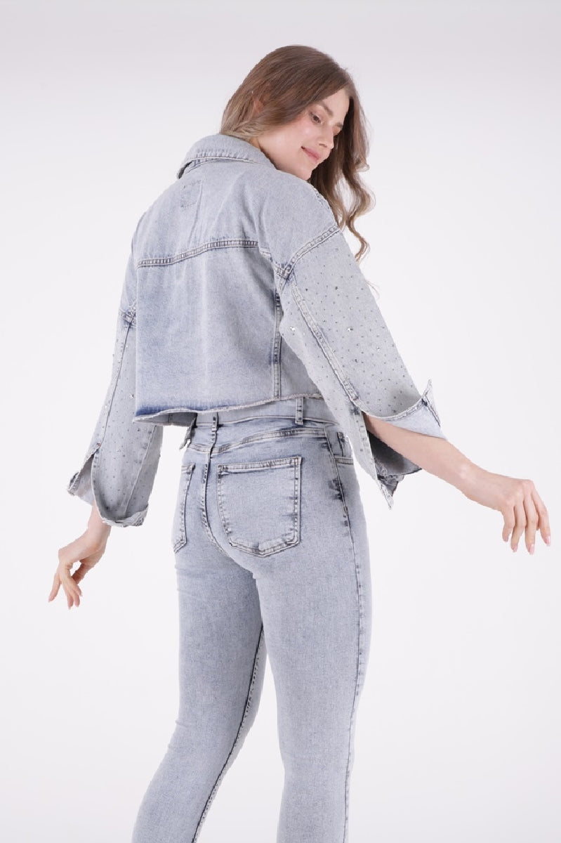 Taşlı Kısa Oversize Kot Ceket 6005