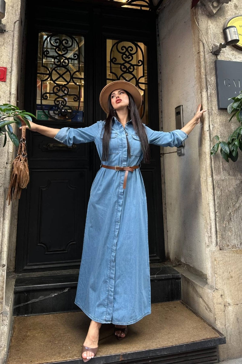 Düğmeli Uzun Elbise 3039