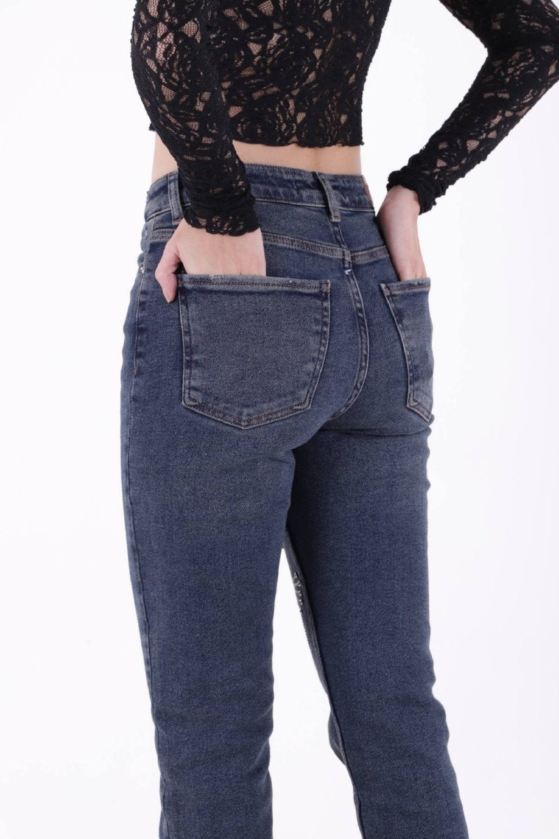 Çapraz Taşlı Mom Fit Kot Pantolon 7054