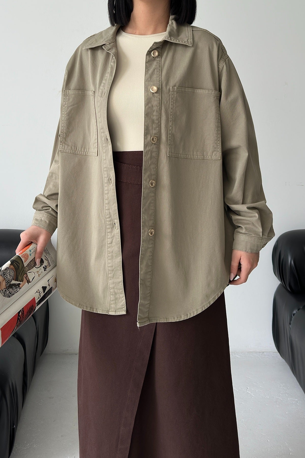 Düğmeli Oversize Kot Gömlek 6080