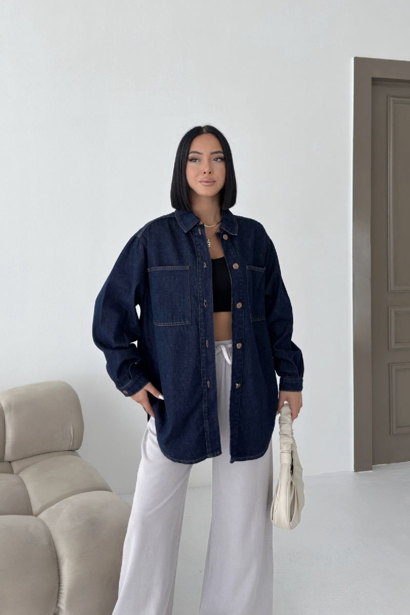 Düğmeli Oversize Kot Gömlek 6080