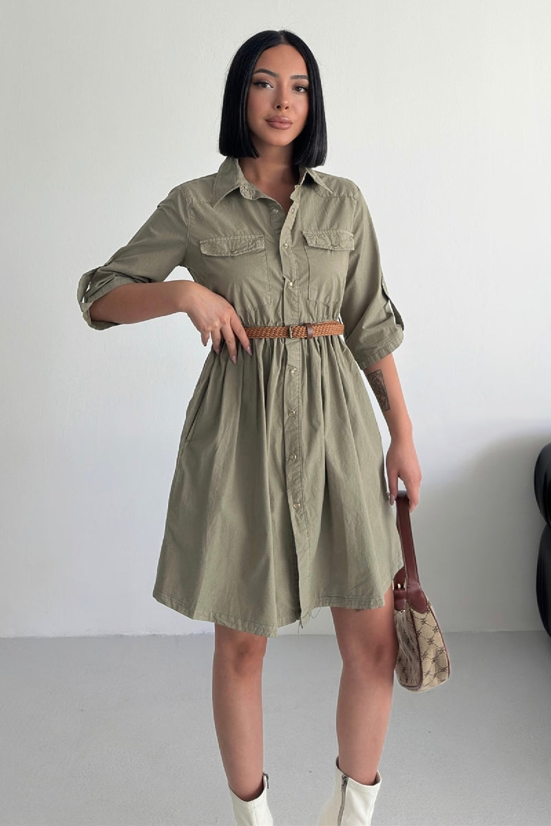 Büzgü Detaylı Kısa Kot Elbise 3040