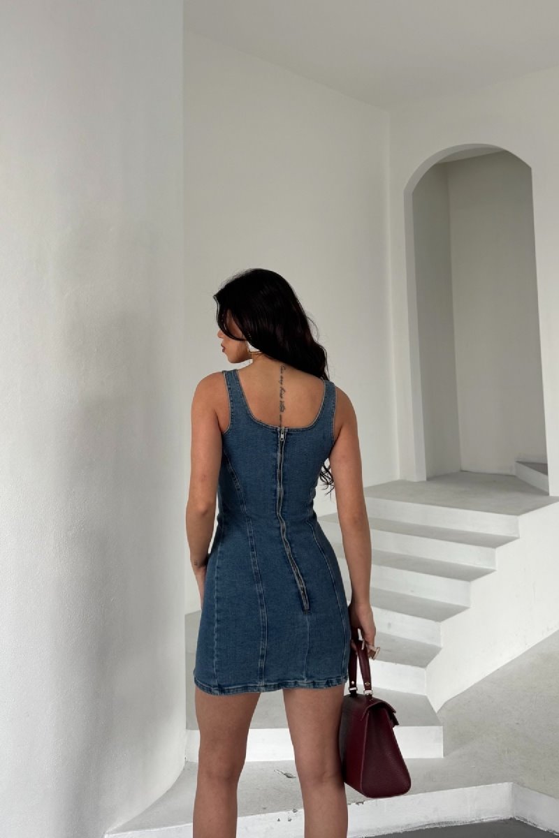 Fermuarlı Mini Kot Elbise 3028
