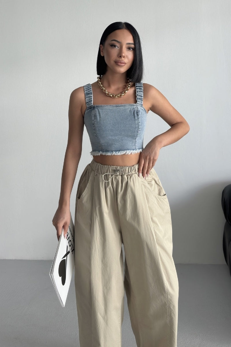 Askılı Fermuarlı Kot Büstiyer