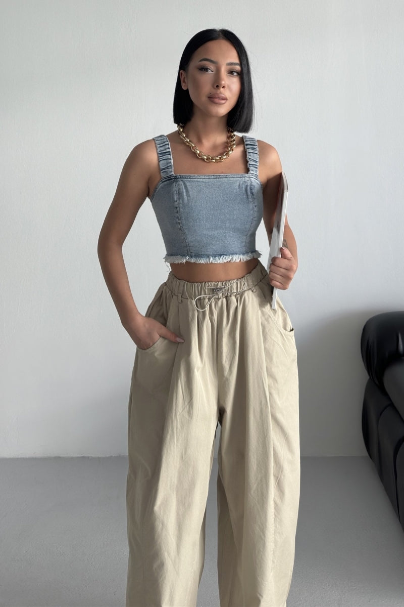 Askılı Fermuarlı Kot Büstiyer