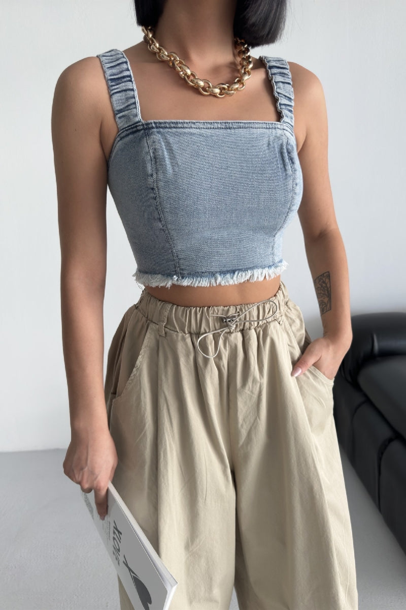 Zippered Denim Bustier with Straps