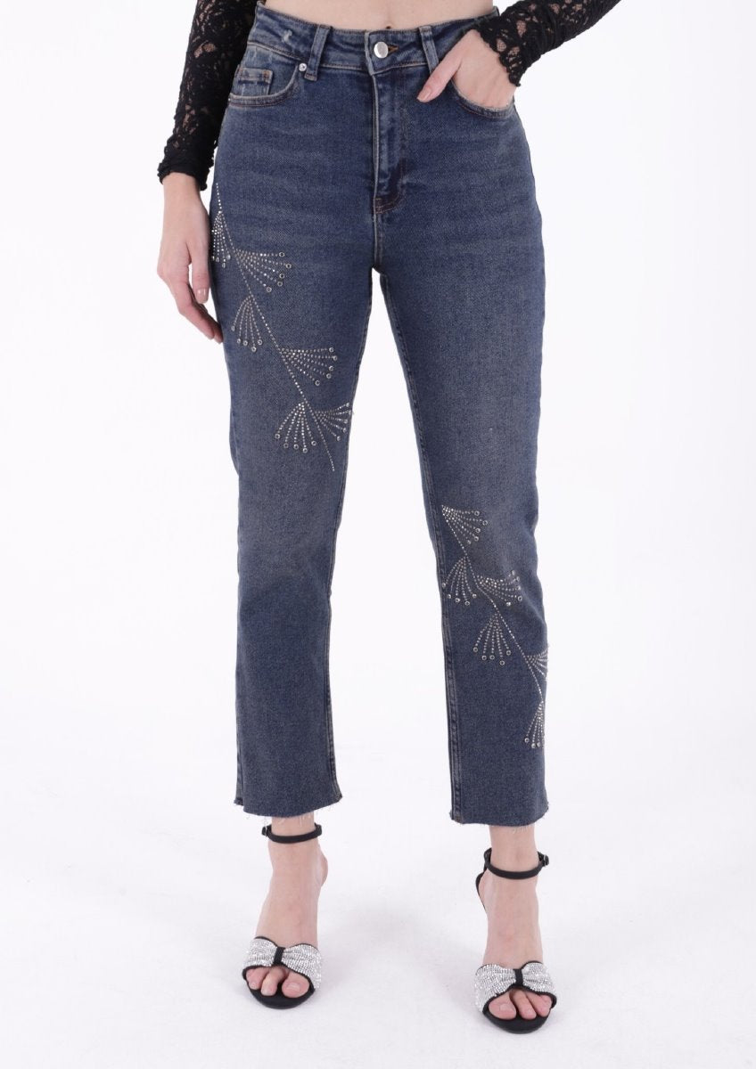 Çapraz Taşlı Mom Fit Kot Pantolon 7054