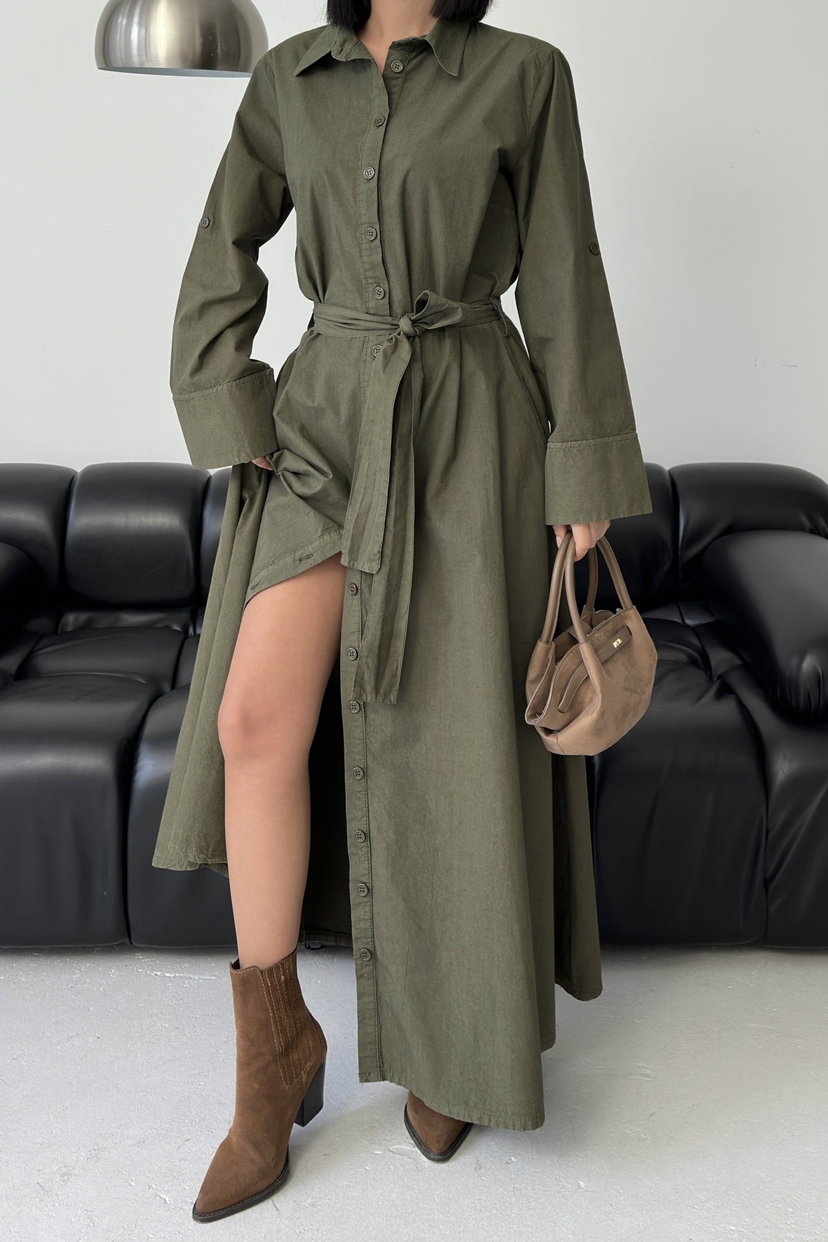 Düğmeli Uzun Boy Kot Elbise 3047