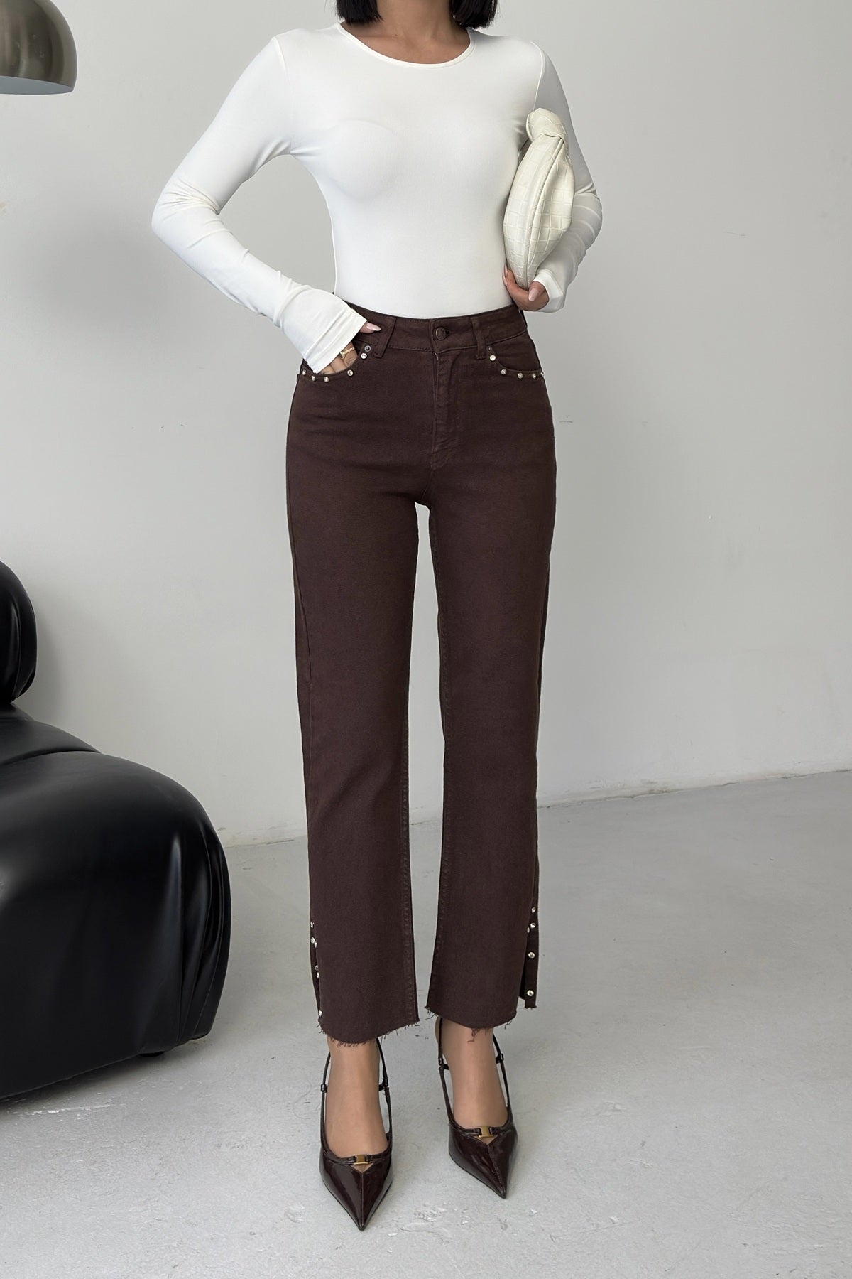 Yanı Yırtmaçlı Flare Paça Mom Kot Pantolon 1774