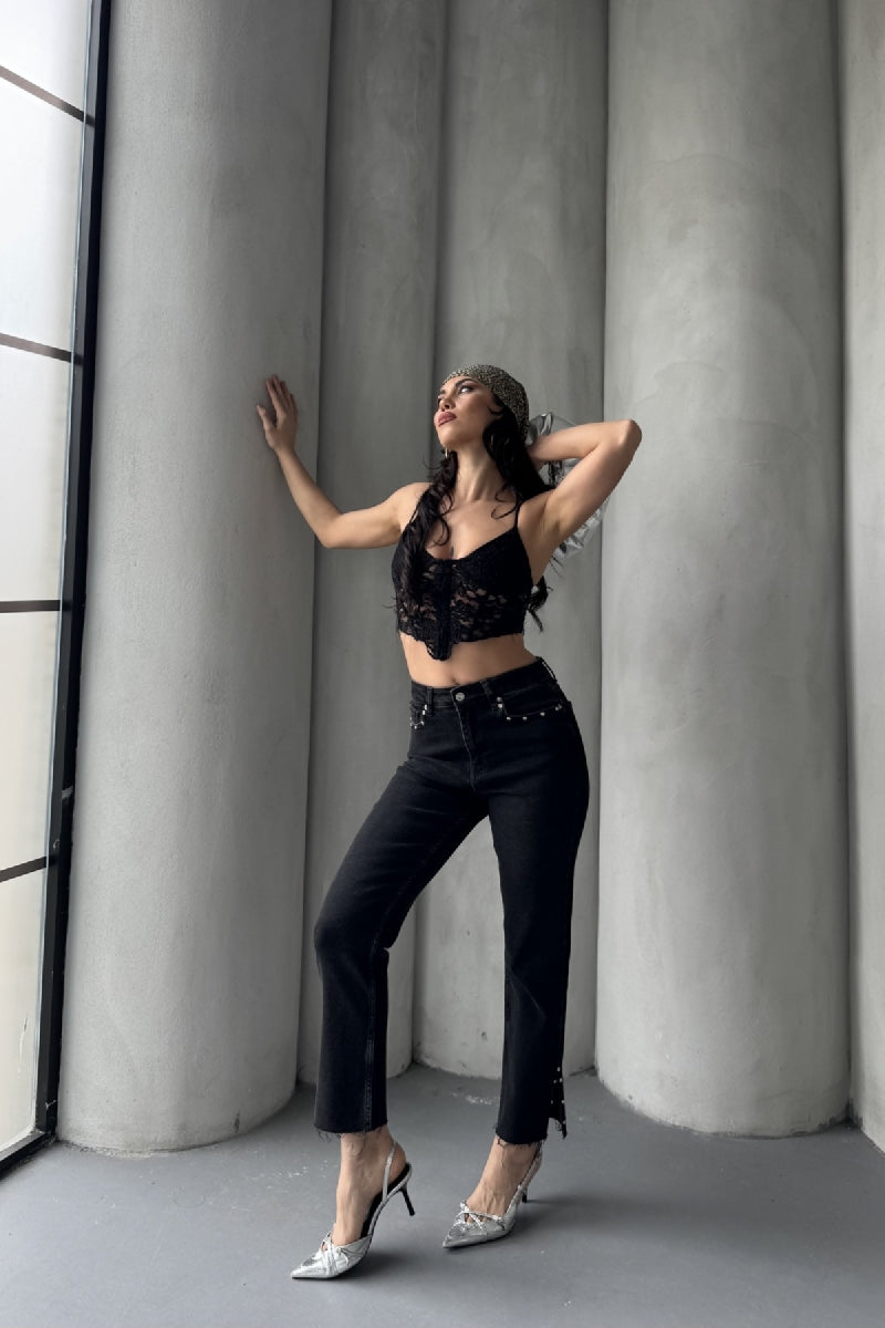 Yanı Yırtmaçlı Flare Paça Mom Kot Pantolon 1774