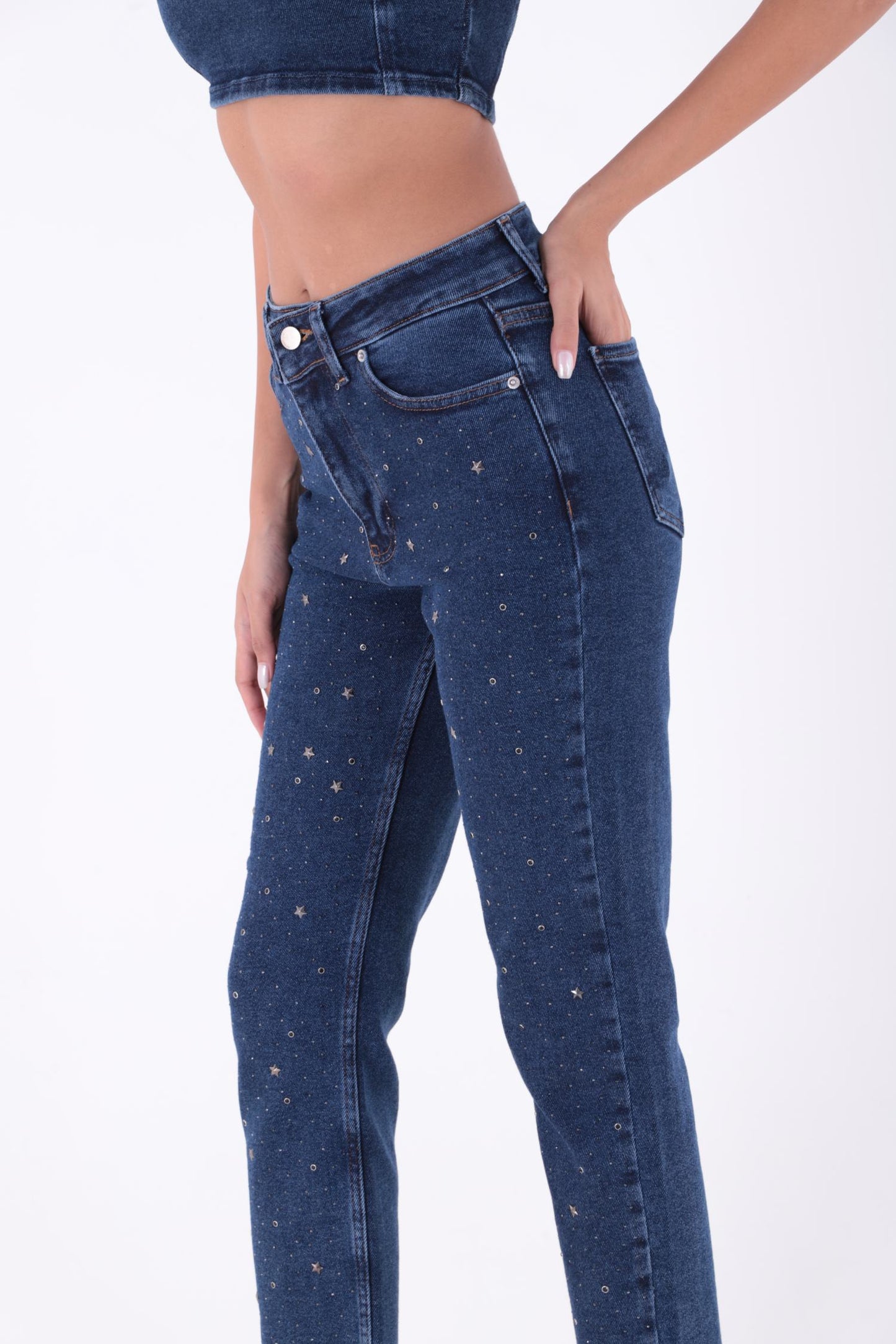 Yıldızlı Mom Fit Dikişsiz Paça Kot Pantolon 1753