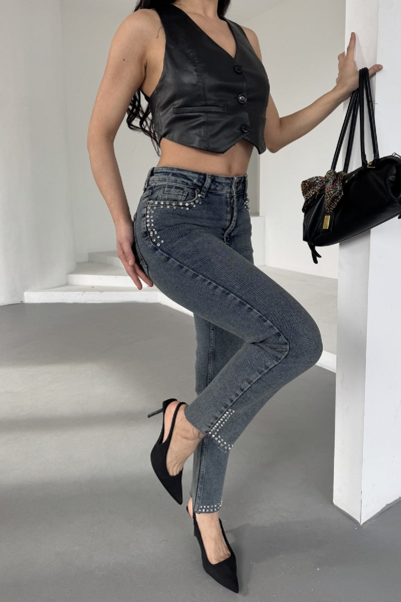 Taşlı Mom Fit Kot Pantolon 7023