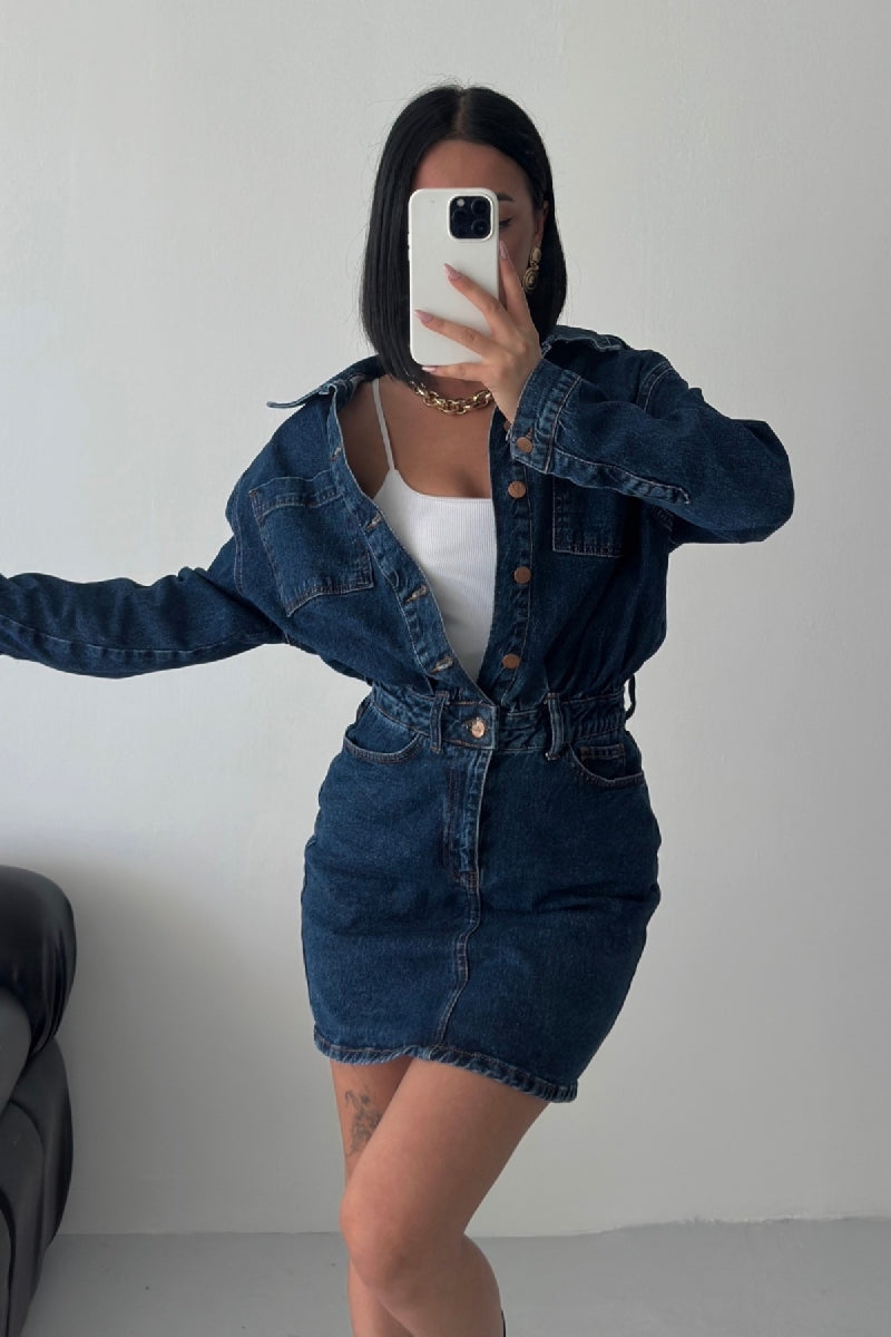 Düğmeli Mini Kot Elbise 3027
