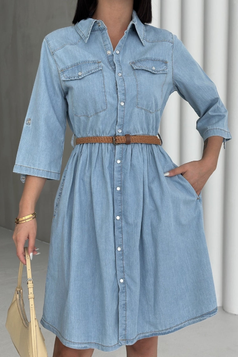 Büzgü Detaylı Kısa Kot Elbise 3040