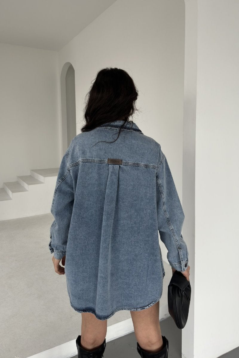 Düğmeli Oversize Kot Gömlek 6080