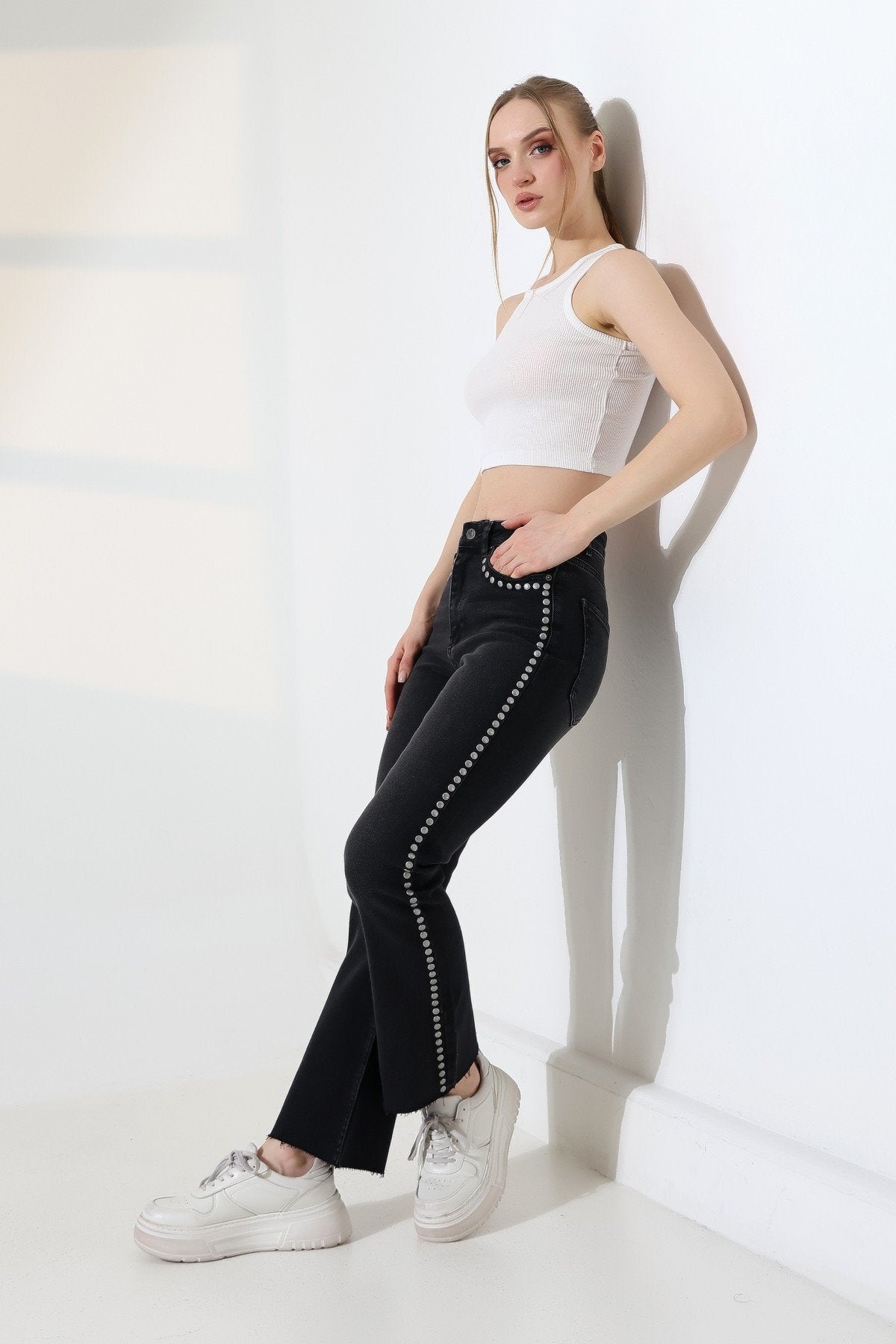 Zımba Taşlı İspanyol Mom Fit Kot Pantolon 7192