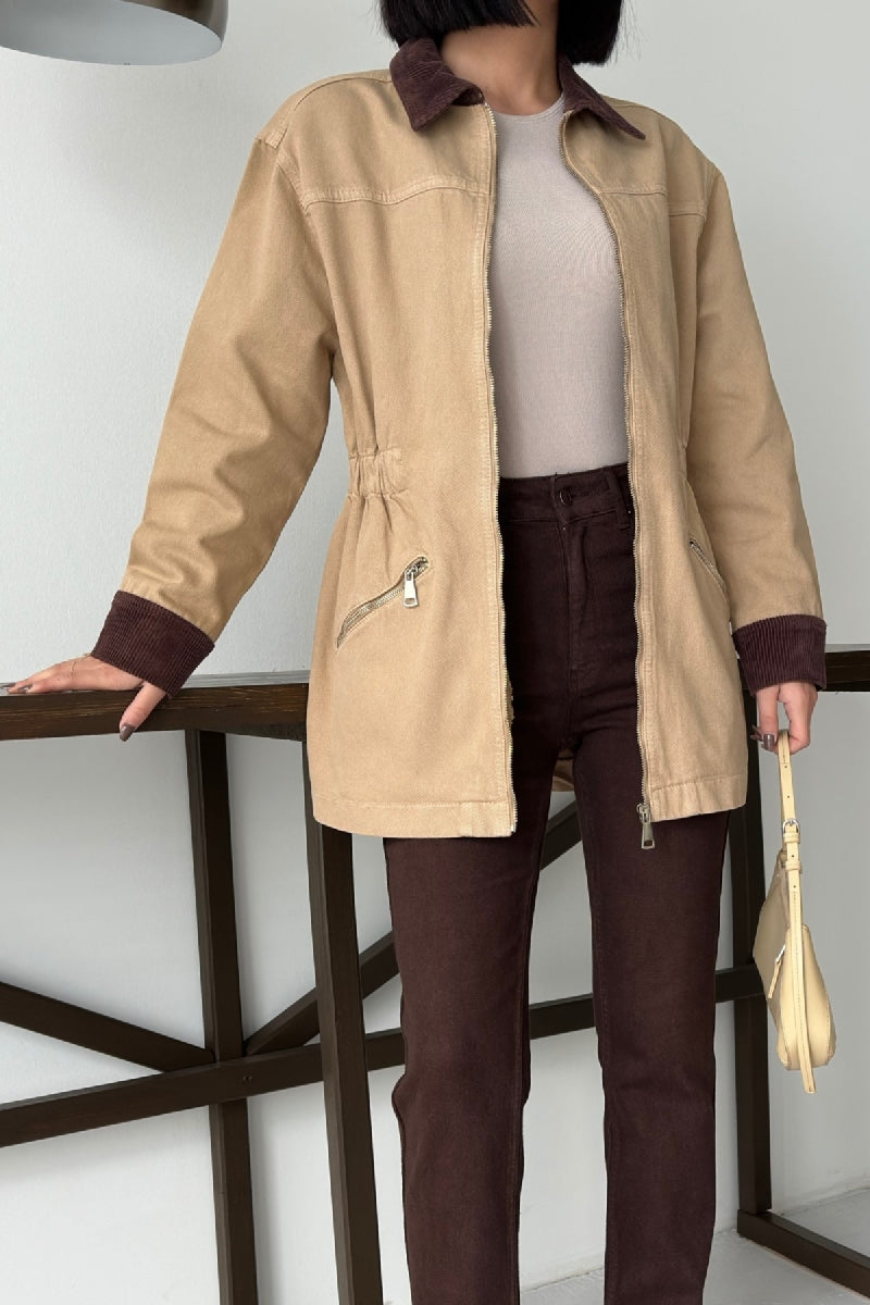 Kadife Detaylı Fermuarlı Kot Ceket 6129