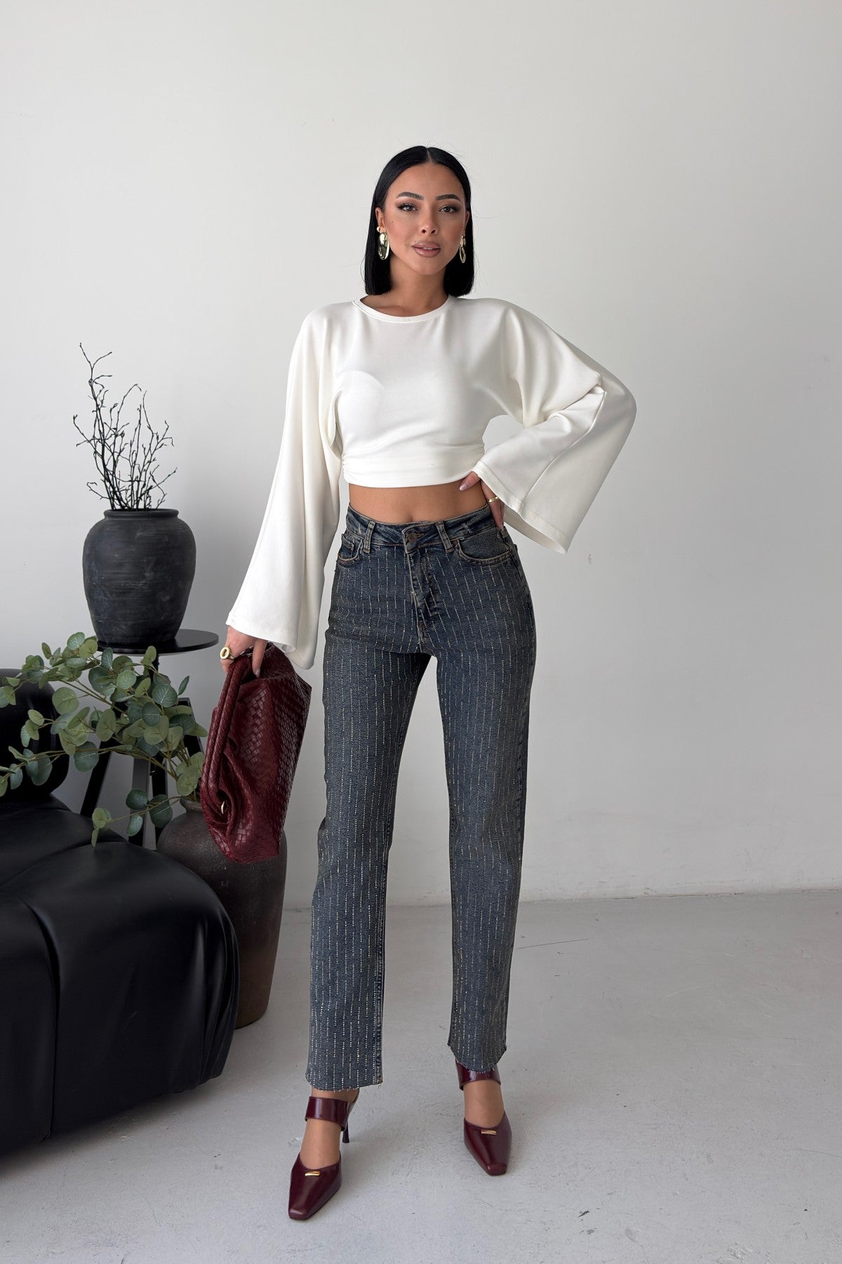 Taşlı Mom Fit Kot Pantolon 7218