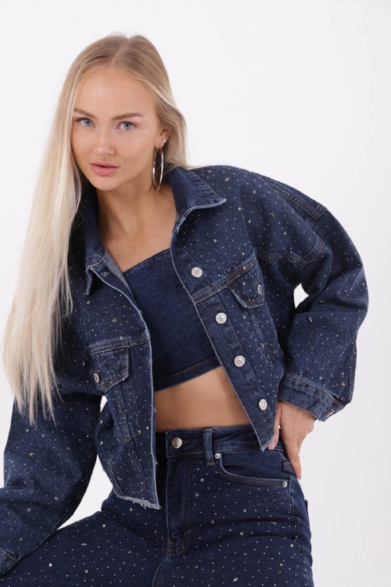 Taşlı Kısa Oversize Kot Ceket 6005