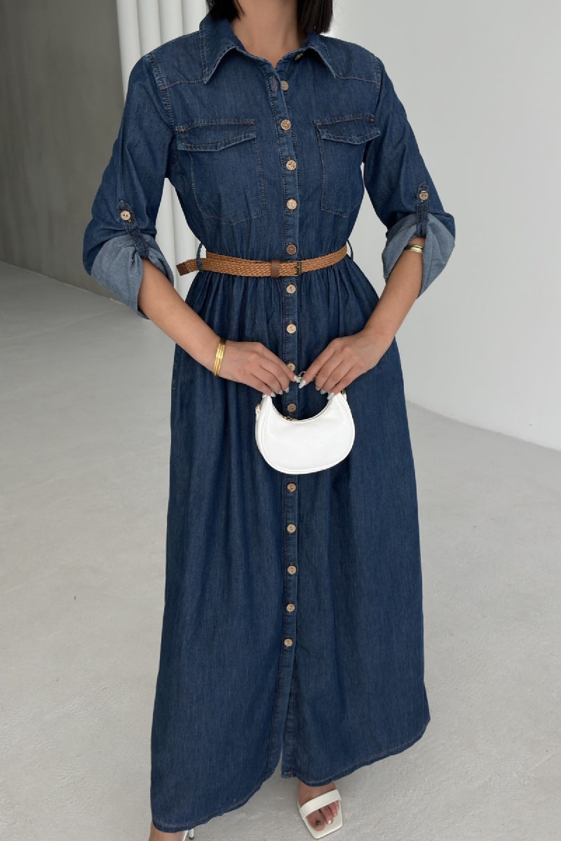 Düğmeli Uzun Kot Elbise 3041