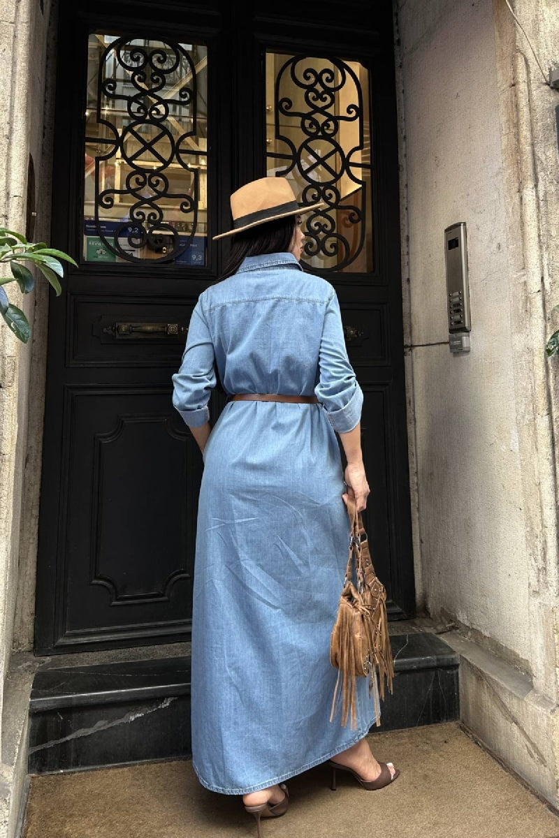 Düğmeli Uzun Elbise 3039