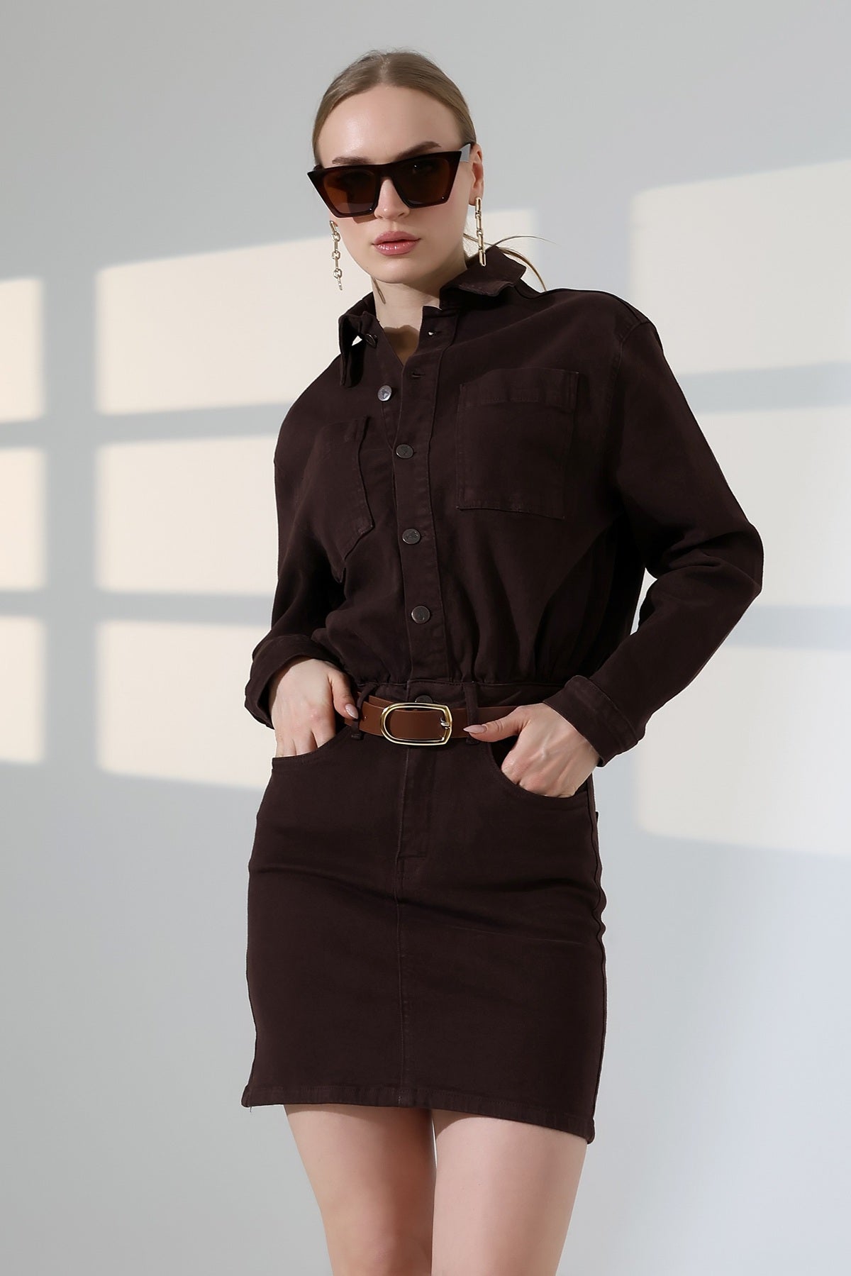 Düğmeli Mini Kot Elbise 3027