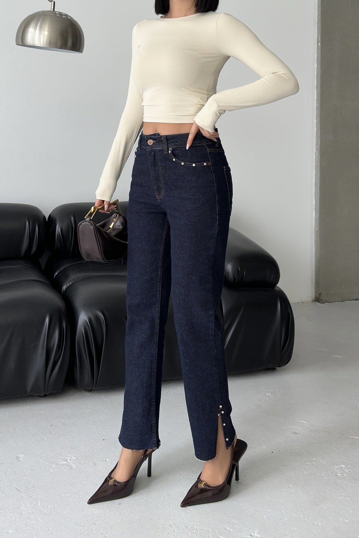 Yanı Yırtmaçlı Flare Paça Mom Kot Pantolon 1774