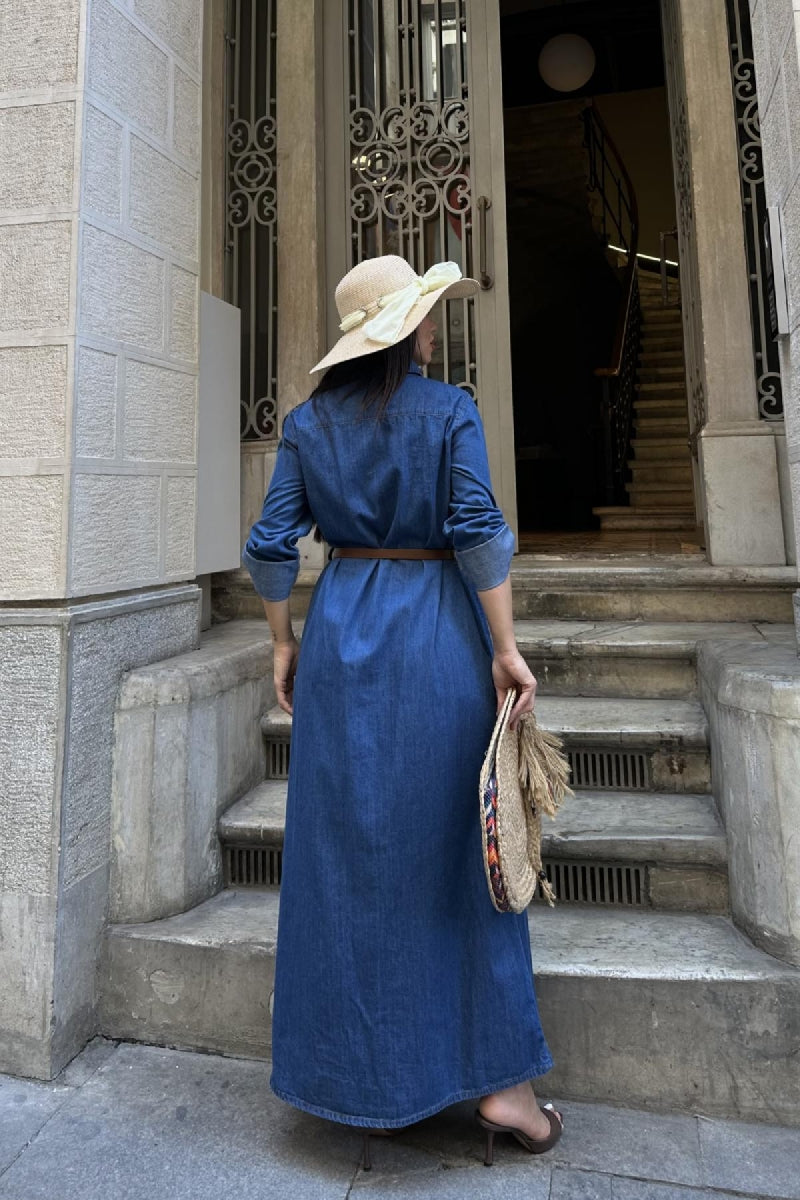 Düğmeli Uzun Elbise 3039