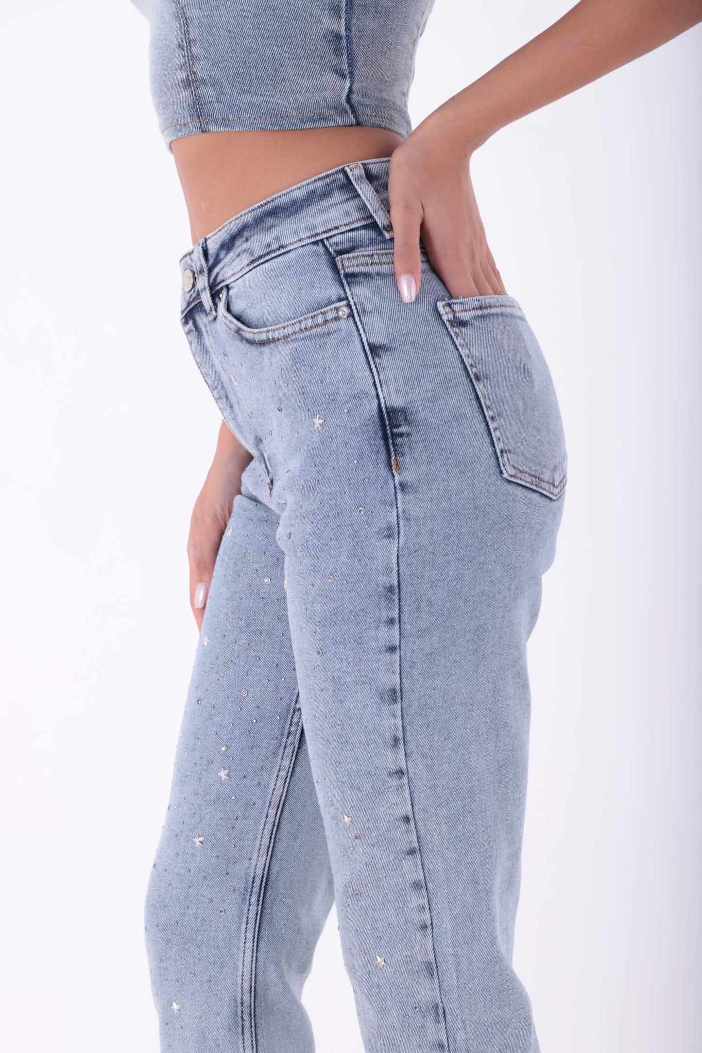 Yıldızlı Mom Fit Dikişsiz Paça Kot Pantolon 1753