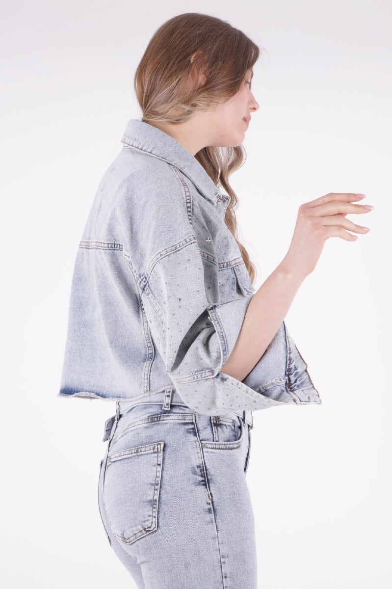 Taşlı Kısa Oversize Kot Ceket 6005