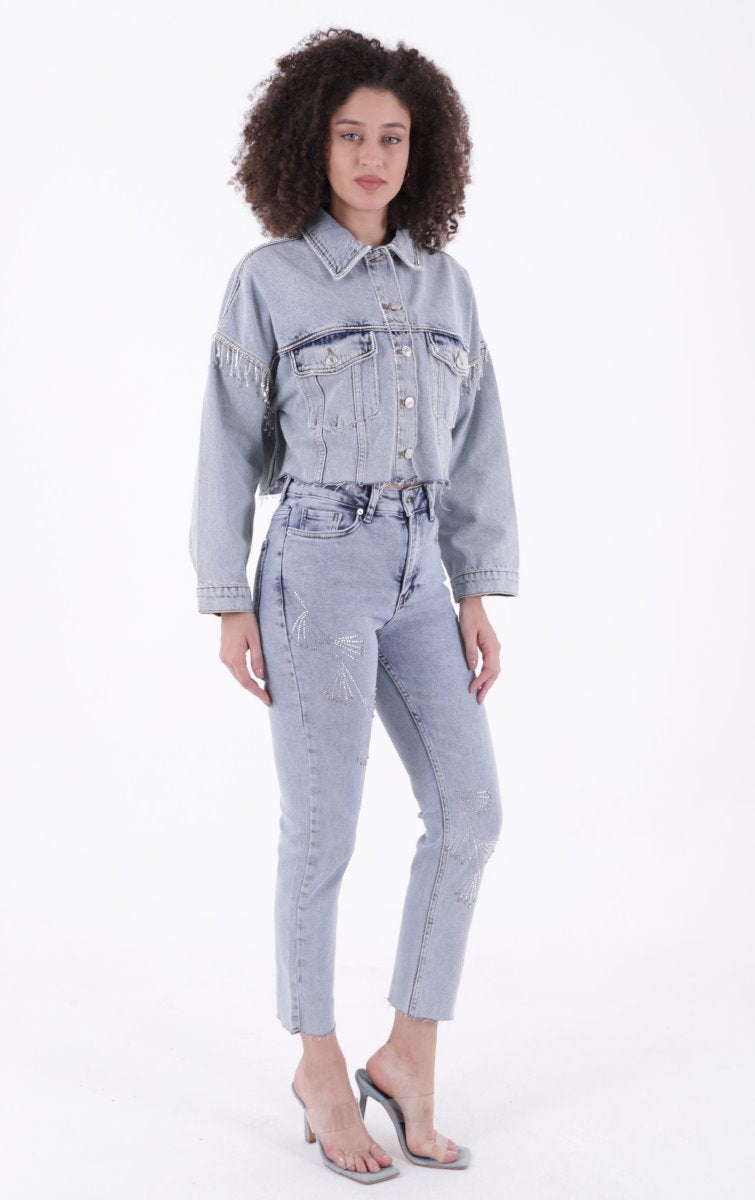 Çapraz Taşlı Mom Fit Kot Pantolon 7054