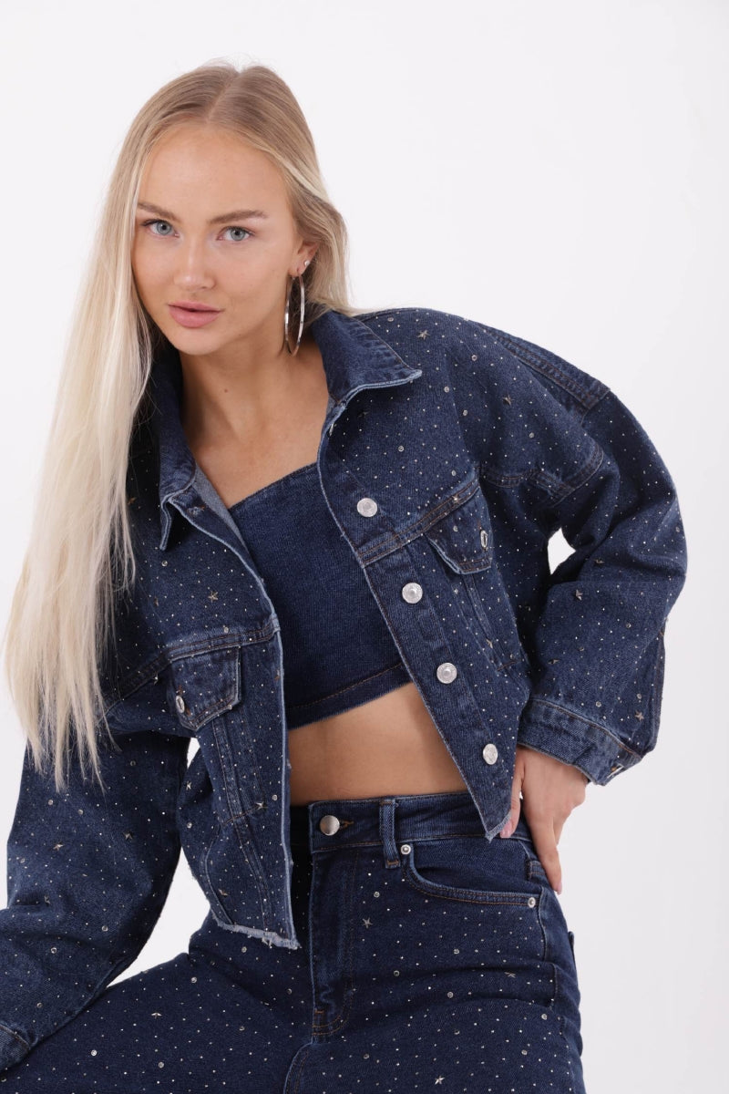 Taşlı Kısa Oversize Kot Ceket 6005