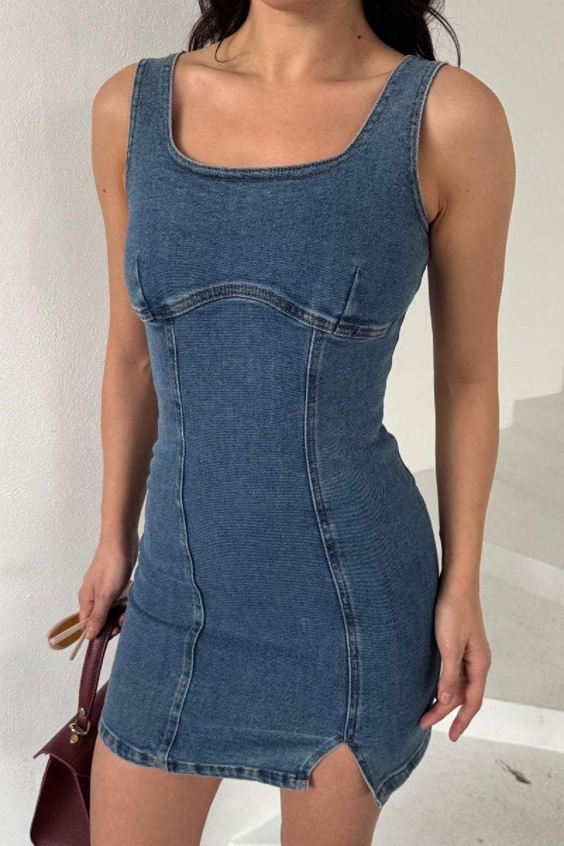 Fermuarlı Mini Kot Elbise 3028