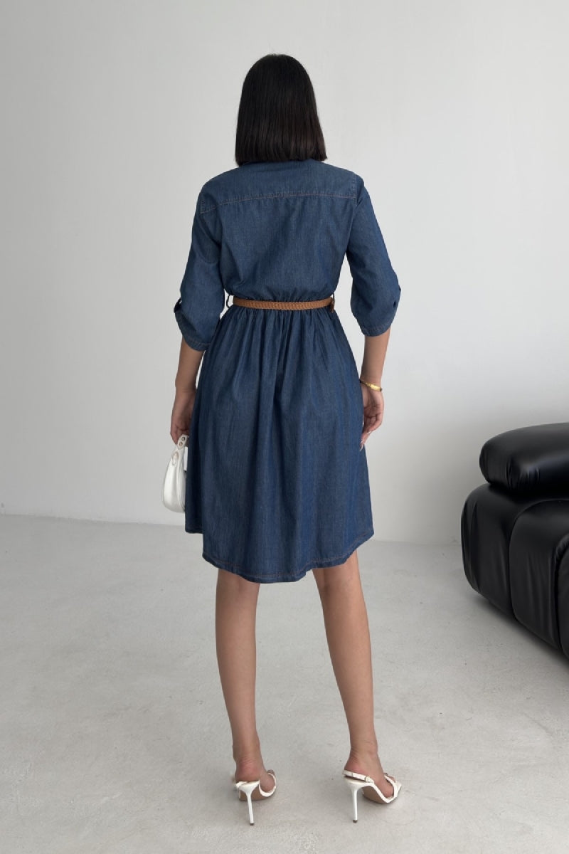 Büzgü Detaylı Kısa Kot Elbise 3040