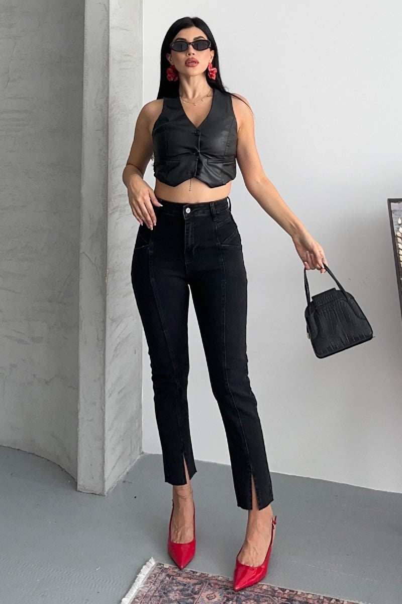 Parçalı Önü Yırtmaçlı Dikişsiz Paça Pantolon 1743