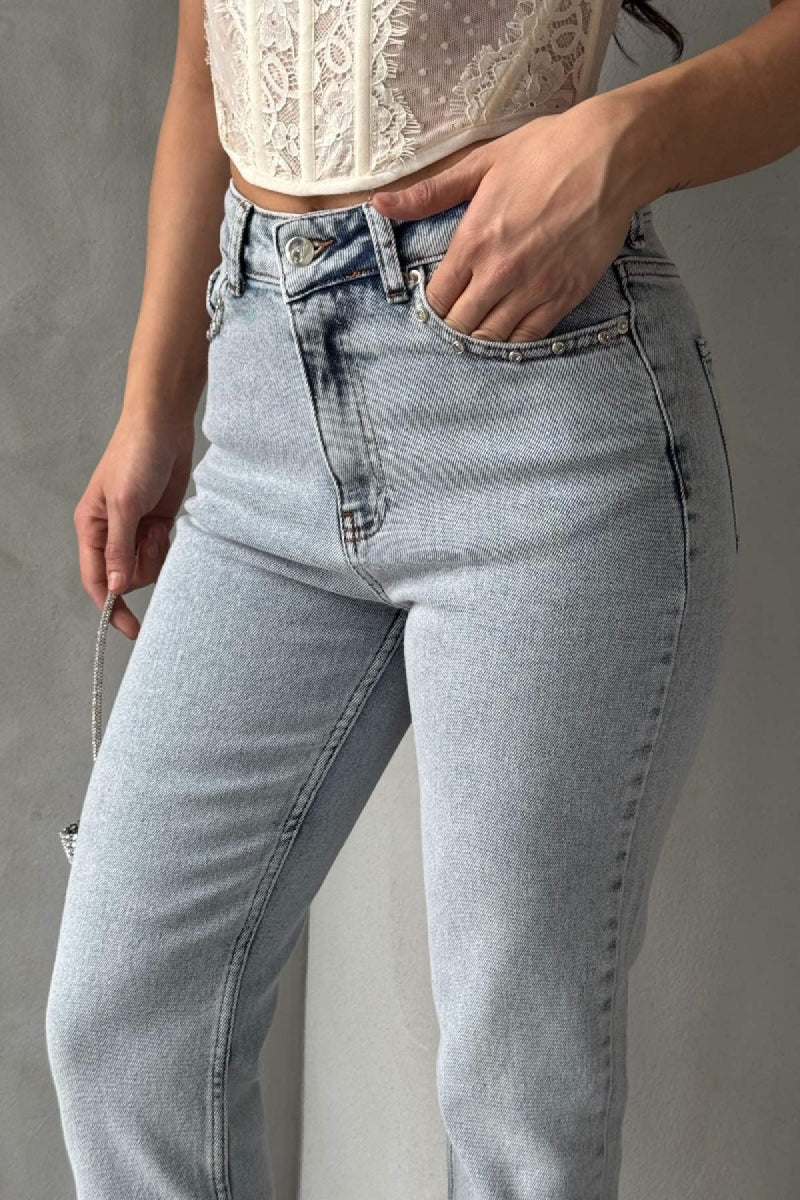 Yanı Yırtmaçlı Flare Paça Mom Kot Pantolon 1774