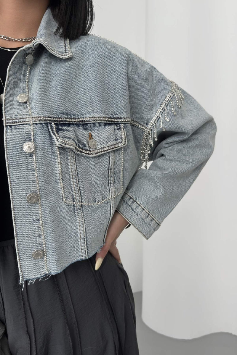 Taşlı Kısa Oversize Kot Ceket 6084