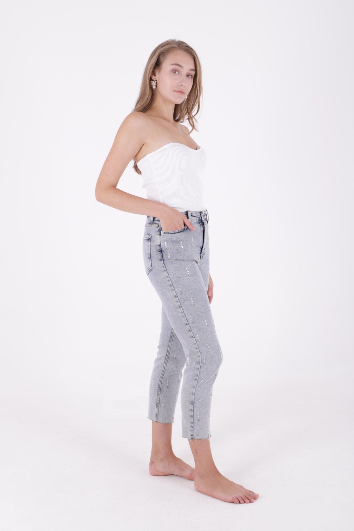Tek Taraflı Droplı Mom Fit Kot Pantolon 7038