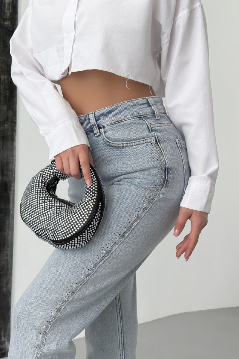 Şerit Taşlı Mom Fit Kot Pantolon 7110