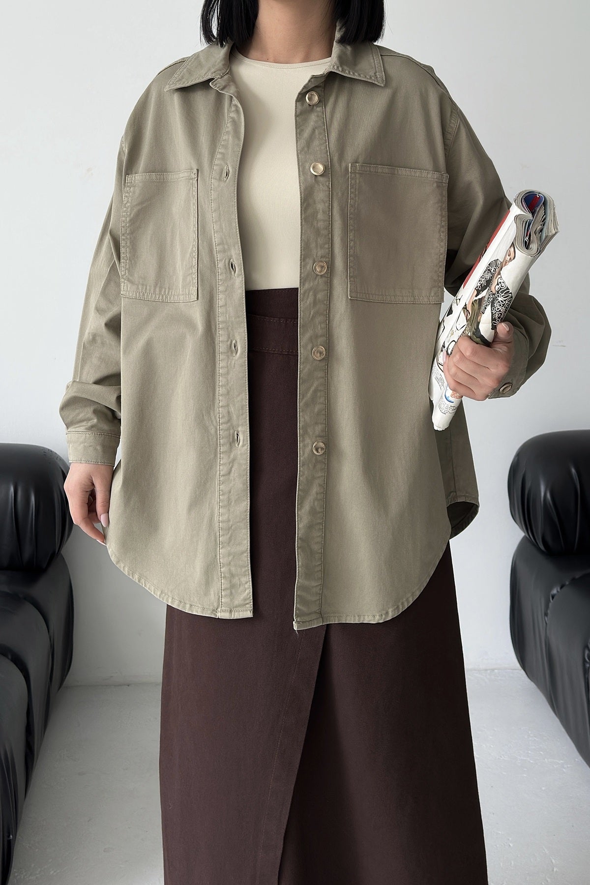 Düğmeli Oversize Kot Gömlek 6080