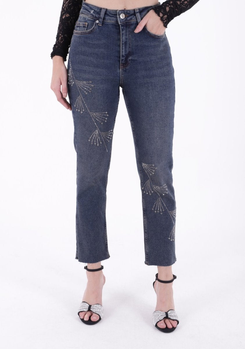 Çapraz Taşlı Mom Fit Kot Pantolon 7054