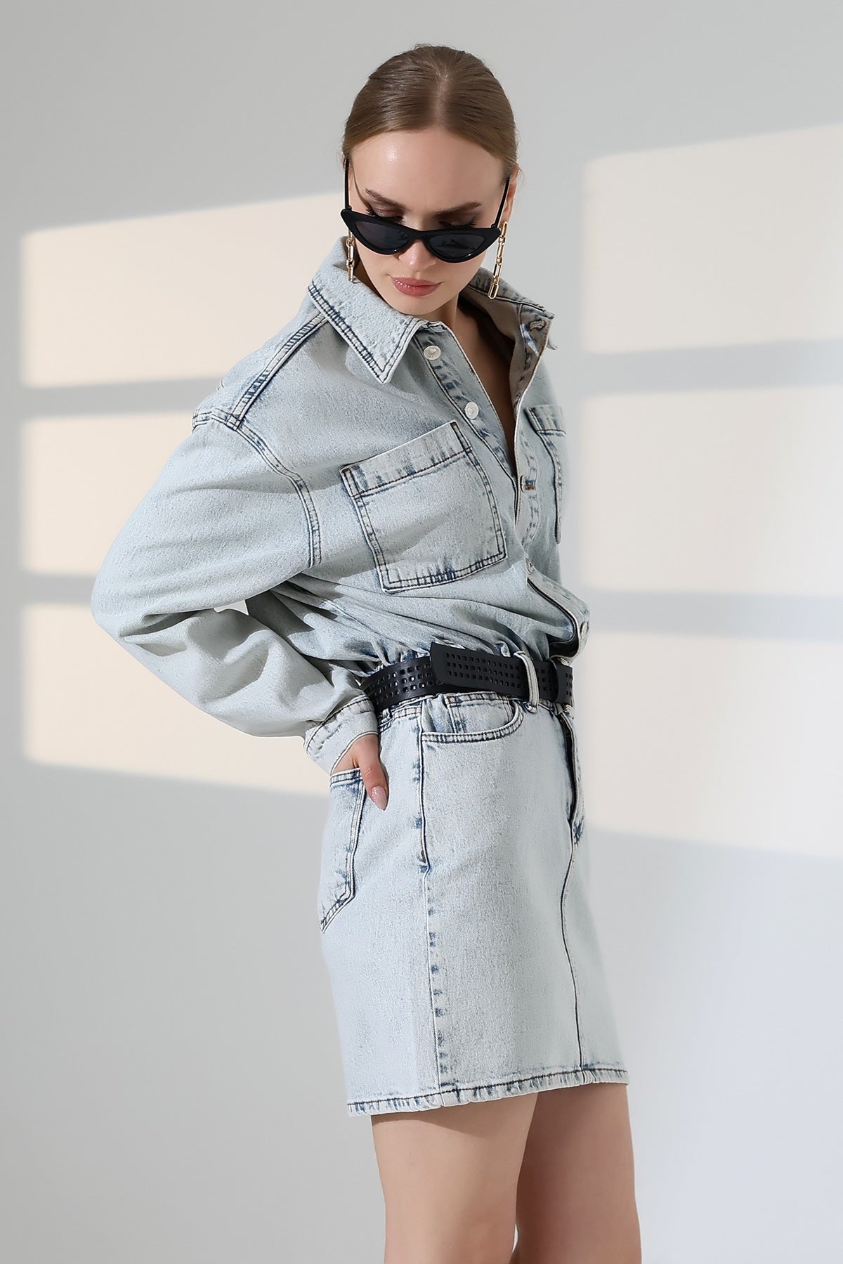 Düğmeli Mini Kot Elbise 3027