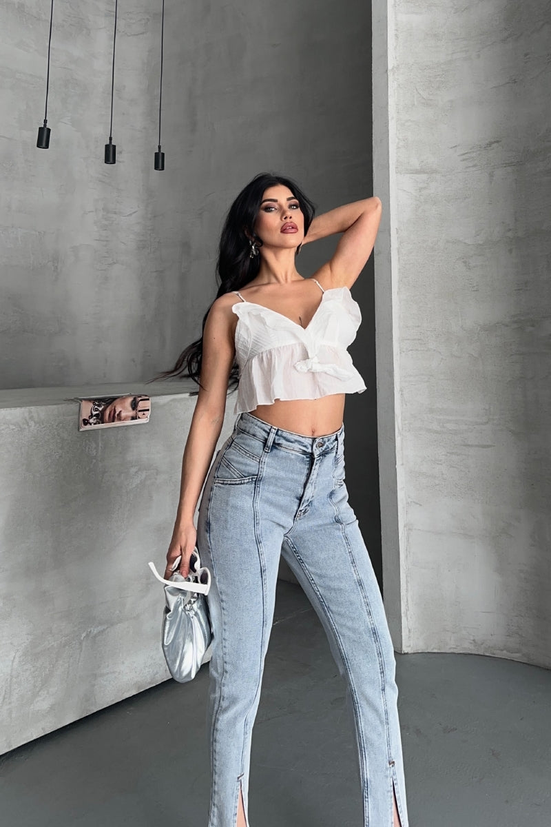 Parçalı Önü Yırtmaçlı Dikişsiz Paça Pantolon 1743