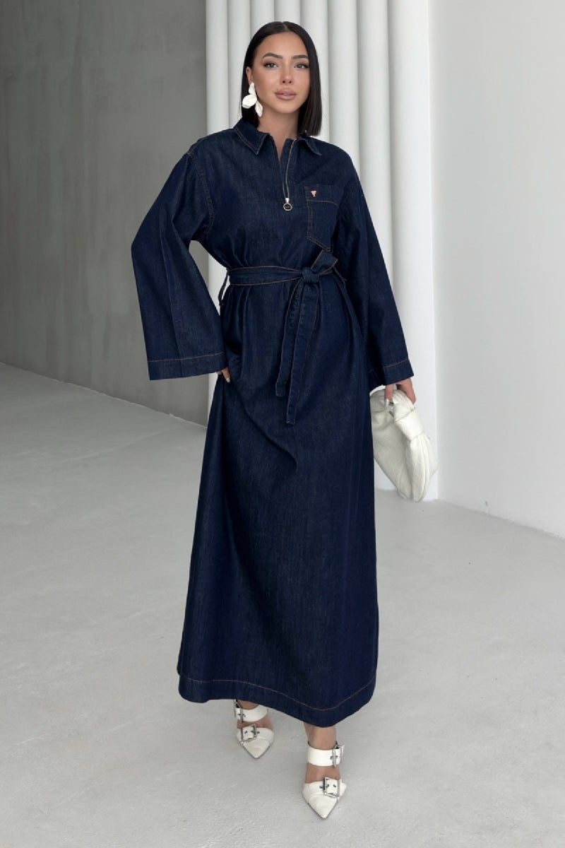 Kuşaklı Uzun Kot Elbise 3035