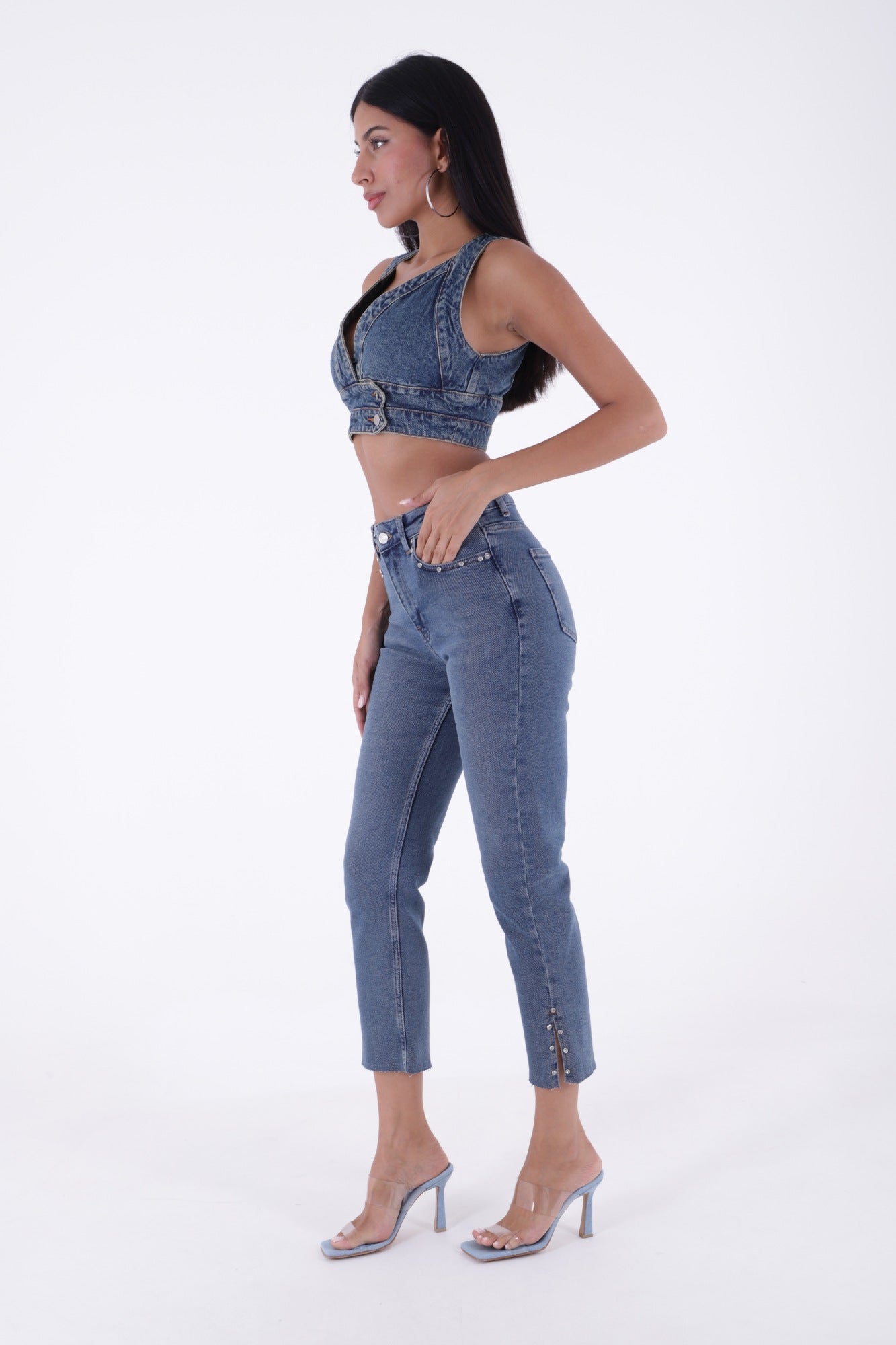 Yanı Yırtmaçlı Flare Paça Mom Kot Pantolon 1774