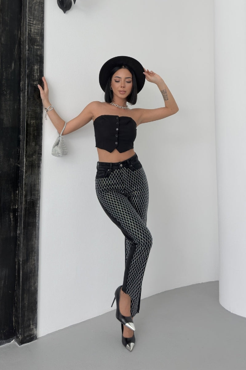 Taşlı Mom Fit Kot Pantolon 7092
